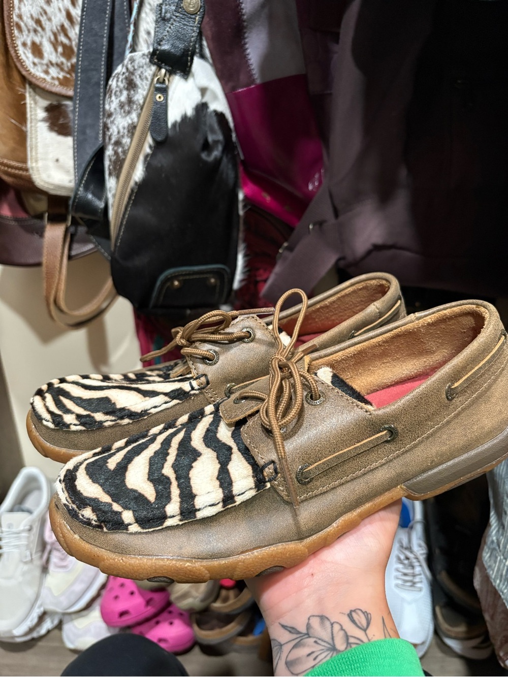 Twisted X Brown Leather Boat Shoes with Black and White Zebra Print